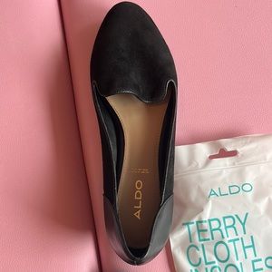 Black suede loafers/leather heel